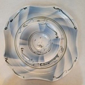 Handmade Pottery Blue Fish Chip Dip Set 13" Round Tray Bowl Signed Platter Plate